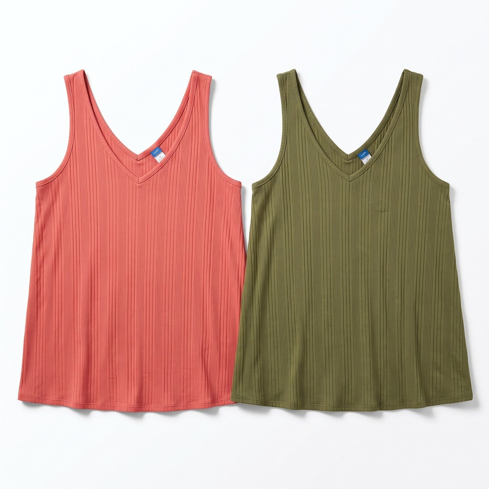Old Navy Womens M Coral Olive Luxe Ribbed V-Neck Tank Top 2-Pack Casual Boho